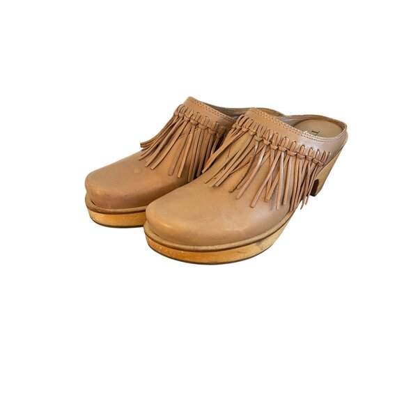 Two Lips Womens Clogs Size 7 Brown Sylvia Leather Fringed Chunky Heel Casual - Picture 8 of 12